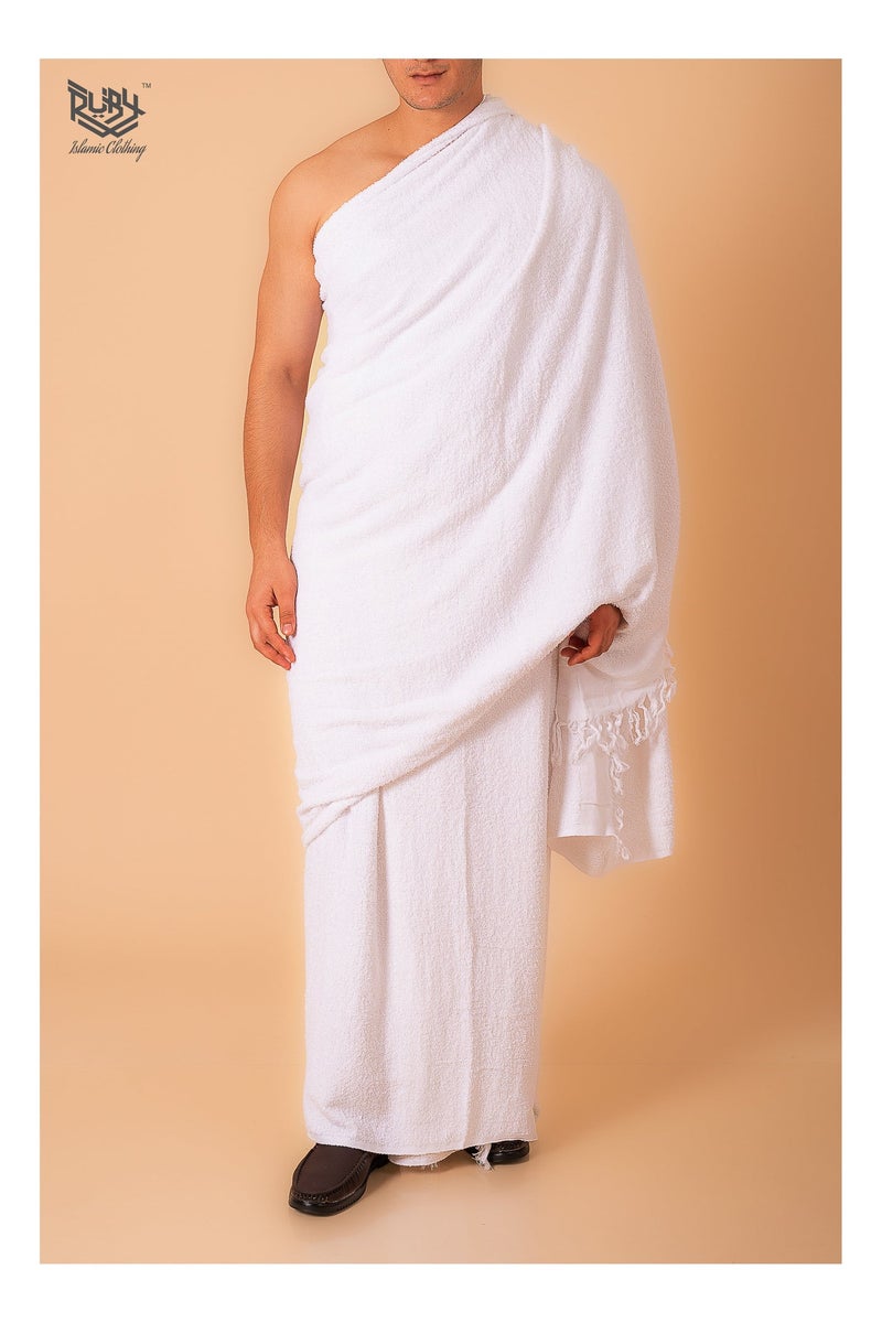 RUBY ISLAMIC CLOTHING Ihram Towel - 2-Piece Islamic Men's Towel - Soft Ihram Ahram Ehram Towel - Absorbent Ritual Towel - Hygienic Pilgrimage Towel - Comfortable Hajj Towels - Lightweight Umrah Essentials – White - Image 1